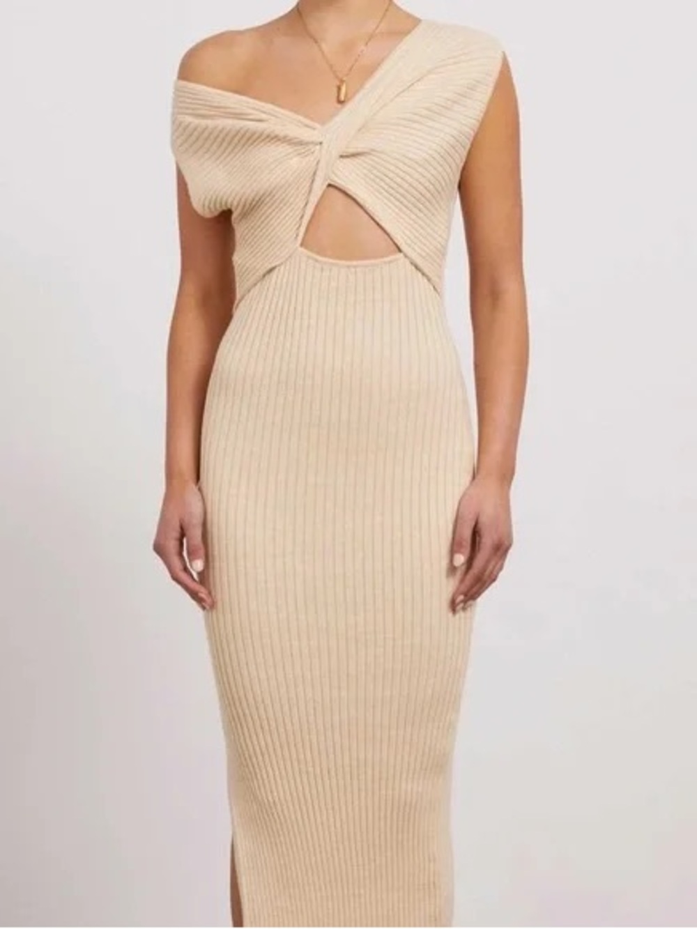 Anna Quan Cream Ribbed Cutout Midi Dress Like New
